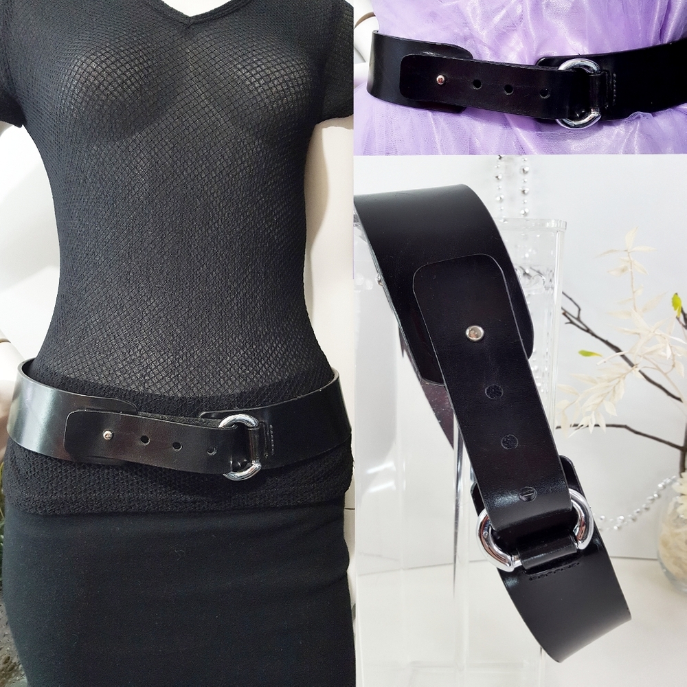 Brave🪱Black Leather High Waist Fold Belt with D-Ring Silver Buckle
